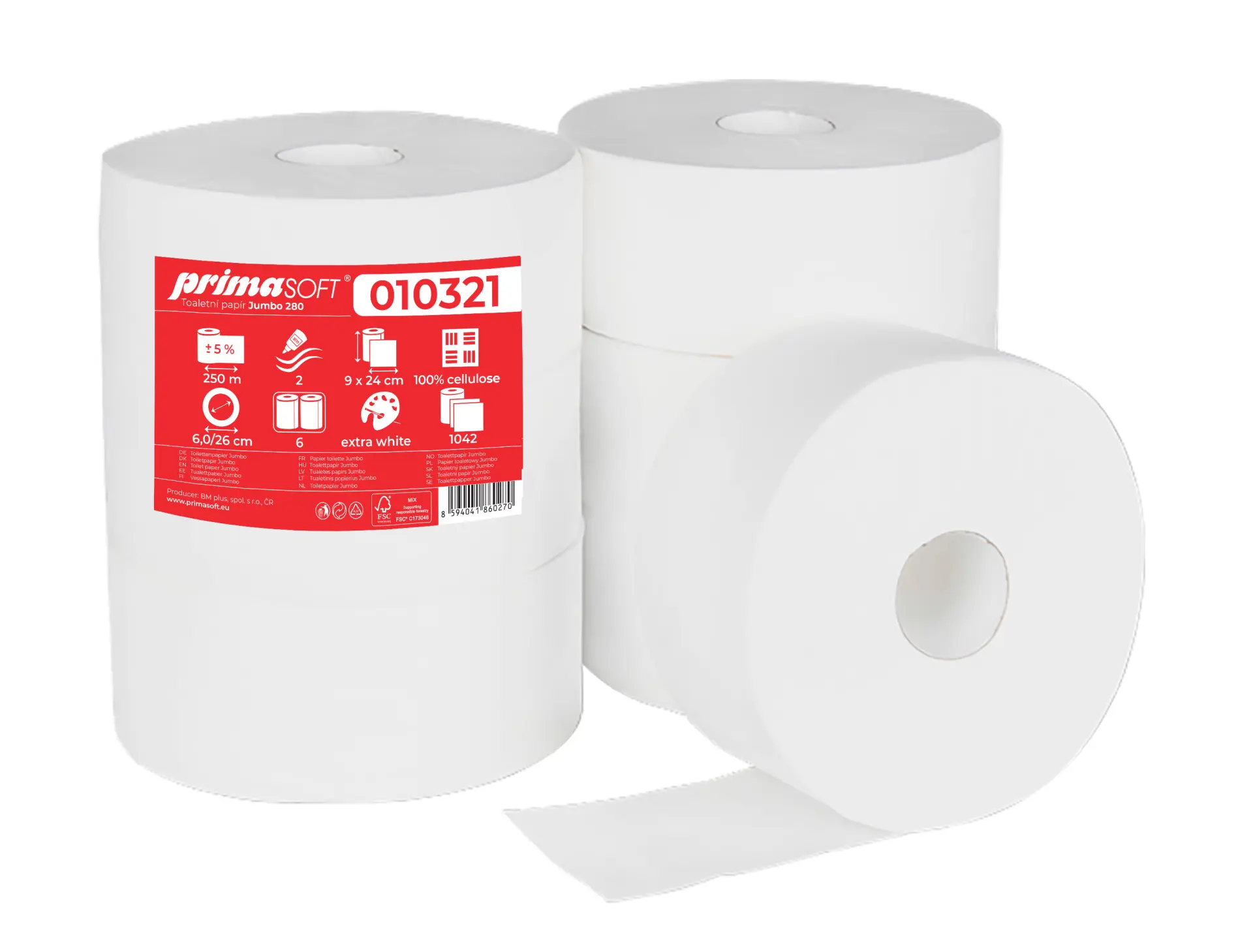 4– Toilettenpapier JUMBO PrimaSoft 280, 250 m, 2-lagig, FSC-Mix-zertifiziert, TSUD-COC 001843